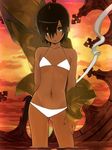  :o alternate_skin_color arm_behind_back ass_visible_through_thighs bare_shoulders bikini black_hair cloud coat dark_skin flat_chest hair_over_one_eye holster kino kino_no_tabi navel non-web_source orange_sky parted_lips partially_submerged recolor short_hair sky solo standing swimsuit thighs third-party_edit water white_bikini yellow_eyes 