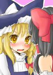  back bad_id bad_pixiv_id blonde_hair blush hakurei_reimu hat kirisame_marisa miyata_waltz multiple_girls ribbon touhou yuri 