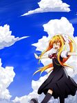  air blonde_hair blush closed_eyes cloud day hair_ribbon kamio_misuzu lama_(kusuriya) long_hair ponytail ribbon sky solo very_long_hair 