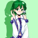  adjusting_hair alternate_hairstyle blush detached_sleeves face frog green_eyes green_hair hair_ornament hands japanese_clothes kochiya_sanae kuze shadow short_hair smile snake solo touhou 