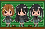  akiyama_mio black_hair blush_stickers brown_hair chalkboard chibi happy hirasawa_yui k-on! kantou_hajime long_hair multiple_girls nakano_azusa school_uniform short_hair smile twintails 