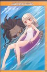  1girl afloat albino barefoot berserker black_hair cloud day dutch_angle engrish fate/stay_night fate/tiger_colosseum fate_(series) flat_chest highres hirai_yukio illyasviel_von_einzbern innertube lying on_back one-piece_swimsuit outdoors partially_submerged ranguage red_eyes scan sky smile swimsuit water white_hair white_swimsuit yellow_eyes 