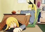  blazblue blonde_hair controller dokkanohukukaityou hair_ribbon kotatsu minami-ke multiple_girls noel_vermillion parody rachel_alucard remote_control ribbon sleeping sweater table trembling tsubaki_yayoi twintails 