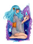  barefoot bishamon blue_hair capcom darkstalkers fire girl japanese_clothes kimono long_hair midnight_bliss vampire_(game) 