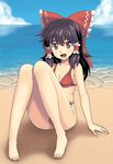  arm_support bad_id bad_pixiv_id barefoot beach bikini black_hair blush breasts brown_hair cameltoe cleavage cloud day feet frilled_bikini frills hair_ribbon hakurei_reimu long_hair nail_polish open_mouth outdoors pink_nails poporon red_eyes ribbon sand sitting sky small_breasts smile solo swimsuit touhou water 
