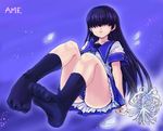  ass blue_sailor_collar denpa_teki_na_kanojo feet hair_over_eyes legs long_hair minarai no_eyes ochibana_ame petals pov_feet purple_hair sailor_collar school_uniform serafuku sitting skirt smile socks solo toe_scrunch 