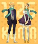  1girl artist_name bad_id bad_pixiv_id beret bespectacled black-framed_eyewear blonde_hair brother_and_sister buzz collaboration dated earmuffs full_body glasses green_scarf grey_legwear hands_in_pockets hat kagamine_len kagamine_rin kneehighs long_sleeves looking_at_viewer necktie orange_background orange_eyes orange_footwear pants pinstripe_pattern polka_dot purple_neckwear scarf shoes siblings socks standing striped thighhighs twins v_arms vest vocaloid yoshito 