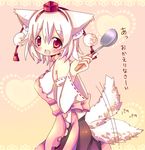  animal_ears apron bad_id bad_pixiv_id bare_shoulders chocolat_(momoiro_piano) detached_sleeves hat inubashiri_momiji red_eyes short_hair solo tail tail_wagging tokin_hat touhou translated white_hair wolf_ears wolf_tail 