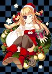  amanooni_touri bad_id bad_pixiv_id bangs blonde_hair blunt_bangs bow braid checkered checkered_background christmas copyright_request gift hair_bow holly long_hair one_eye_closed purple_eyes sack santa_costume smile solo thighhighs twin_braids 