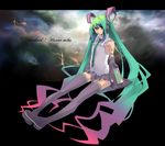  aqua_eyes detached_sleeves gradient_hair hatsune_miku legs long_hair multicolored_hair nansui_kinoko necktie orange_eyes sitting skirt smile solo storm thighhighs twintails vocaloid zettai_ryouiki 