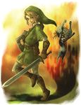  1girl ano_(anomiya) blonde_hair blue_eyes earrings hat helmet holding holding_sword holding_weapon imp jewelry left-handed link midna pointy_ears red_eyes shield sword the_legend_of_zelda the_legend_of_zelda:_twilight_princess weapon 