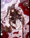  bad_id bad_pixiv_id battle blood bow brown_hair copyright_request dress frills gothic_lolita hat huge_weapon lolita_fashion long_hair mazakura_senju mini_hat mini_top_hat monster ponytail red_eyes snow solo sword top_hat weapon 