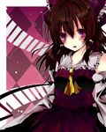  bad_id bad_pixiv_id blush bow brown_hair detached_sleeves hair_bow hakurei_reimu kanaritu long_hair purple_eyes solo touhou 