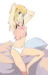 bed blonde_hair blue_eyes bottomless camisole copyright_request highres navel no_pants ozaki_kaori solo 