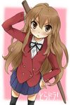  aisaka_taiga bad_id bad_pixiv_id bokken brown_eyes brown_hair hand_on_hip karuha long_hair looking_up school_uniform solo sword thighhighs toradora! weapon wooden_sword zettai_ryouiki 