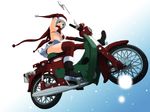  armpits bikini_top blue_eyes blue_hair boots breasts christmas elbow_gloves gloves ground_vehicle hat honda_super_cub medium_breasts mole mole_under_eye motor_vehicle motorcycle open_mouth original red_legwear riding ryouzou santa_costume santa_hat short_hair smile snow solo thighhighs underboob 