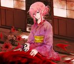  alternate_hairstyle blue_eyes bottle crying crying_with_eyes_open cutting_clothes enbizaka_no_shitateya_(vocaloid) evillious_nendaiki flower japanese_clothes kimono looking_down megurine_luka obi pink_hair sash scissors sidelocks sitting solo spider_lily sudou_kayo tatami tears tied_hair torn_clothes unabara_misumi vocaloid 