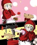  animal apple basket blonde_hair blood blue_eyes bow bullet bulleta cape dog dress food fruit grimm's_fairy_tales gun harry_(vampire) holding holding_food holding_fruit hood little_red_riding_hood little_red_riding_hood_(grimm) machine_gun multiple_girls red_dress uba-gurum vampire_(game) weapon 