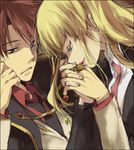  1girl alternate_hairstyle beatrice blazer blonde_hair blue_eyes cape chin_rest couple hetero holding_hands jacket jewelry kiss kl lips long_hair necktie pink_neckwear red_hair ring short_hair umineko_no_naku_koro_ni ushiromiya_battler 