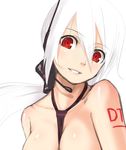  between_breasts breasts close-up face kakaon large_breasts lips long_hair microphone necktie necktie_between_breasts nude parted_lips red_eyes smile solo upper_body vocaloid voyakiloid white_hair yowane_haku 