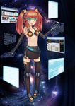  bikini_top blue_eyes brown_hair elbow_gloves floating_screen gloves haoyuan holographic_keyboard holographic_monitor internet midriff original science_fiction skirt solo star thighhighs twintails visor 