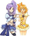  :d aono_miki blonde_hair blue_choker blue_skirt choker collaboration cure_berry cure_pine drill_hair eyelashes fresh_precure! hair_ornament hairband heart heart_hair_ornament heart_hands heart_hands_duo ietan long_hair magical_girl midriff multiple_girls open_mouth orange_choker precure purple_hair ribbon short_hair skirt smile thighhighs yamabuki_inori zettai_ryouiki 