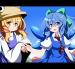  alternate_hairstyle bespectacled blonde_hair blue_eyes blue_hair bow cirno glasses hair_bow hair_ribbon hat highres holding_hands long_hair moriya_suwako multiple_girls necktie oborotsuki_kakeru ponytail ribbon touhou wings yellow_eyes 