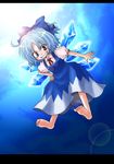  barefoot blue_eyes blue_hair cirno feet grin hand_on_hip lens_flare letterboxed mokku ribbon short_hair smile soles solo touhou wings 