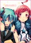  ahoge android arm_hug blue_eyes blue_hair blue_nails blush detached_sleeves dress gloves happy hatsune_miku headphones hikari_no long_hair multiple_girls nail_polish one_eye_closed pink_eyes red_eyes red_hair sf-a2_miki smile star striped striped_gloves vocaloid wrist_cuffs 