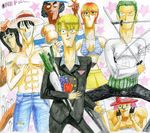  4boys bad_anatomy chin chin_rest hat highres ietan monkey_d_luffy multiple_boys multiple_girls nami_(one_piece) neck nico_robin one_piece roronoa_zoro sanji tony_tony_chopper traditional_media usopp 