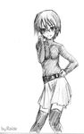  belt casual glasses greyscale grin hakamichi_shizune katawa_shoujo monochrome non-web_source raide short_hair simple_background sketch skirt smile solo thighhighs white_background 