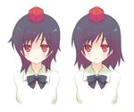  alternate_hairstyle blush bow bowtie comparison gayarou hat light_smile looking_at_viewer red_eyes ribbon shameimaru_aya short_hair smile tareme tokin_hat touhou upper_body 