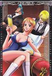  absurdres alcohol blonde_hair blue_hair calendar champagne dress earrings formal franky highres inoue_eisaku jewelry nami nami_(one_piece) necktie official_art one_piece orange_hair sanji scan suit waiter watermark 