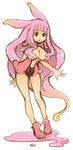  animal_ears bad_id bad_pixiv_id bare_legs breasts bunny_ears cleavage green_eyes hair_over_breasts large_breasts leaning_forward long_hair masto melona navel open_clothes open_shirt pink_hair prehensile_hair queen's_blade revealing_clothes shirt sketch slime solo thighs very_long_hair 