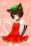  :3 animal_ears arms_behind_back blush brown_eyes cat_ears cat_tail chen earrings han_(jackpot) hat jewelry multiple_tails red_eyes short_hair smile solo tail touhou yakumo_ran 