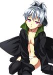  :&lt; black_jacket black_legwear breasts collarbone darker_than_black ears grey_hair jacket long_hair medium_breasts navel nearly_naked_coat open_mouth panties pink_eyes ponytail silver_hair sitting solo takenaka_hideo thighhighs topless underwear white_panties yin 