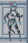  2015 anthro armor barefoot big_breasts blue_eyes blue_hair breasts claws cleavage clothed clothing feline female fur grey_fur hair long_hair mammal ponytail raptor007 slit_pupils smile solo stripes tiger unconvincing_armor yuna 