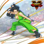  ankle_wrap asymmetrical_hair barefoot black_hair bracelet breasts brown_eyes capri_pants commentary cornrows crop_top feet fighting_stance grin highres jewelry large_breasts laura_matsuda long_hair midriff no_shoes one_eye_closed pants shirt signature smile solo street_fighter street_fighter_v tape tied_shirt toeless_legwear toes wallace_pires wavy_hair 