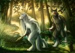  2015 aetherel anthro black_fur canine claws creek dagger duo featureless_crotch forest fur grass grey_hair hair hunting long_fur long_hair male mammal melee_weapon naira nude outside paws red_fur tree walking water weapon white_fur wolf wolfiestyle yellow_eyes 