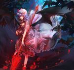  :d bat blue_hair chain chong_(wjzcy6688) dress full_moon glowing glowing_eyes hat holding holding_weapon lance moon night open_mouth polearm puffy_short_sleeves puffy_sleeves red_eyes remilia_scarlet short_sleeves smile solo string touhou vampire weapon white_dress 