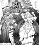  &gt;_&lt; 2girls :d ahoge ainz_ooal_gown albedo blush braid breasts closed_eyes demon_girl demon_horns demon_wings dress gloves greyscale hat horns jewelry lich long_hair lupusregina_beta medium_breasts mitsurou monochrome multiple_girls open_mouth overlord_(maruyama) ring side_slit skeleton smile surprised sweatdrop thighhighs toned translation_request twin_braids very_long_hair werewolf wings 