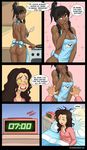  alarm_clock asami_sato ass avatar:_the_last_airbender bed black_hair blue_eyes blush cooking dream dreaming eyes_closed flick-the-thief kitchen korra long_hair multiple_girls naked_apron naughty_face nude open_mouth saliva tan tan_skin tanned the_legend_of_korra twintails yuri 