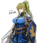  breasts brown_eyes dragon's_dogma gloves green_hair large_breasts long_hair original perky_breasts ponytail sachito sheath sheathed shield simple_background smile solo sword weapon white_background 