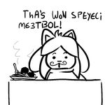  ambiguous_gender english_text facial_hair looking_at_viewer monochrome mustache solo spaghetti temmie_(undertale) text undertale unknown_artist 