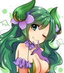  belphegor_(monster_strike) breasts cleavage fishnets flower green_eyes green_hair high_heels horns large_breasts monster_strike negiko solo 