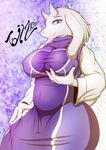  2015 anthro big_breasts breast_grab breasts caprine chubby clothed clothing english_text female fur goat hair hi_res horn huge_breasts looking_at_viewer mammal navel nipple_bulge purple_eyes slit_pupils smile solo tailzkim text toriel undertale voluptuous white_fur white_hair 