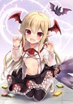  bangs bankoku_ayuya bat_wings black_legwear black_skirt blonde_hair blush boots commentary_request fang flower frilled_skirt frills granblue_fantasy head_wings kneeling long_hair long_sleeves looking_at_viewer navel open_clothes open_mouth open_shirt pointy_ears red_eyes red_flower red_rose rose shingeki_no_bahamut shirt skirt smile solo thighhighs vampire vampy wardrobe_malfunction white_shirt wings 