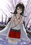  bare_shoulders black_hair bow breasts breasts_apart brown_eyes cherry_blossoms collarbone detached_sleeves frills haruna_(kantai_collection) headgear highres kantai_collection long_hair machinery nonoririn nontraditional_miko open_clothes petals red_skirt skirt small_breasts solo wading wet wet_clothes wide_sleeves 