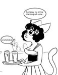  alcohol beverage black_and_white black_hair breasts cat cleavage clothed clothing dialogue dress feline female food group hair humanoid mammal monochrome orc rml simple_background solo_focus text thought_bubble waiter white_background 