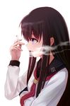  akatsuki_(kantai_collection) badge black_hair cigarette kantai_collection long_hair long_sleeves neckerchief open_mouth purple_eyes qunqing remodel_(kantai_collection) school_uniform serafuku smoking solo 